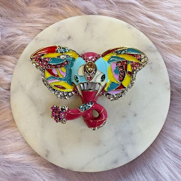 Elephant Brooch Pin – Multicolor Enamel Rhinestones -Designer Style Statement - Picture 2 of 7